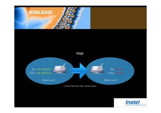 Rede Local 2 
MOBILIDADE 
ID=143.106.52.3 
LOC=143.106.52.3 
ID=10.0.0.3 
LOC=10.0.0.3 
Hoje 
Rede Local 1 
(c) Antonio Alberti 2014, Inatel - All rights reserved. 
 