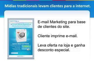 Mídias tradicionais levam clientes para a internet.


                   E-mail Marketing para base
                   de clientes do site.

                   Cliente imprime e-mail.

                   Leva oferta na loja e ganha
                   desconto especial.
 