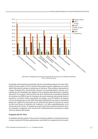 © 2011 Fundación de la Innovación Bankinter. All rights reserved.
17
Factores determinantes en el futuro del Internet de las Cosas
tecnología smart metering y pretender que los consumidores paguen sin estar infor-
mados, procura apelar a la «co-creación» del proyecto y pedir sugerencias al usuario
sobre cómo ahorrar energía y monitorizar el consumo. Otra iniciativa interesante es
i-Japan Strategy 2015, que pretende construir una sociedad digital, vibrante e im-
pulsada por los ciudadanos que aplique el IoT en gestión gubernamental, sanidad y
educación. Por su parte, Italia ya tiene más de 27 millones de consumidores después
de comenzar en 2000 el que es el proyecto de smart metering más grande hasta el
momento, y el Reino Unido tiene planes de equipar unos 29 millones de hogares
con esa tecnología para el año 2020. Estocolmo implementó con éxito su sistema de
peajes que registra las matrículas de los vehículos que pasan los puntos de control
y envía una factura al domicilio del conductor o lo cobra automáticamente de la
cuenta bancaria on-line. En España ya existen más de dos millones de líneas móvi-
les asociadas a máquinas y los servicios de e-Administración nacionales se sitúan
entre los mejores del mundo.
El gigante del IoT: China
A mediados del año pasado, China anunció a bombo y platillo su intención de iniciar
un plan nacional de IoT para posicionarse como líder en la siguiente ola de innova-
Ilustración 6: Regiones precursoras del Internet de las cosas en las distintas industrias.
Fuente: elaboración propia.
Aeroespacial, aviación
y
autom
oción
Telecom
unicaciones
Hogares y
edificios inteligentes
Tecnología
m
édica, cuidado
de
la
salud
y
farm
aceútica
Retail, logística, gestión
de
la
cadena
de
sum
inistro
Utilities
Seguridad
y
privacidad
M
onitorización
de
la
energía
y
el entorno
50 %
45 %
40 %
35 %
30 %
25 %
20 %
15 %
10 %
5 %
0 %
Estados Unidos
China
Europa
Japón
Resto de Asia
África
India
Sudamérica
 