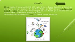 DEFINICIÓN
Bill Joy imaginó la comunicación D2D (del inglés: Device to Device, dispositivo a dispositivo),
como parte de su estructura de las "Seis Webs" (en 1999 en el Foro Económico
Mundial de Davos);19 pero no fue hasta la llegada de Kevin Ashton que la industria tomó un
segundo vistazo a la utilidad del internet de las cosas.
En un artículo de 2009 para el diario RFID, "Esa cosa del 'internet de las cosas'“
 