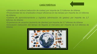 CARÁCTERÍSTICAS
•Utilización de activos (reducción de costes) por importe de 2,5 billones de dólares
•Productividad de los empleados (mayor eficiencia en las tareas) por importe de 2,5 billones
de dólares
•Cadena de aprovisionamiento y logística (eliminación de gastos) por importe de 2,7
billones de dólares
•Experiencia de usuarios (aumento de clientes) por importe de 3,7 billones de dólares
•Innovación (reducción del tiempo de llegada al mercado) por importe de 3,0 billones de
dólares
 