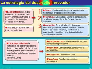 La estrategia del desarrollo innovador
16www.coimbraweb.com
La estrategia para lograr
un desarrollo innovador es
aprovechar la creatividad e
innovación de todos los
sectores ciudadanos.
Para ello, se cuenta con
tres herramientas.
1 Ciencia. Es el conocimiento que se construye
mediante un proceso de investigación.
2
Tecnología. Es el arte de utilizar el conocimiento
para hacer cosas o dar solución a problemas
concretos.
3 Innovación. Es la introducción de nuevos
productos y servicios, nuevos procesos, nuevas
fuentes de abastecimiento y cambios en la
organización industrial, y orientados al cliente,
consumidor o usuario
Para llevar adelante la
estrategia, los gobiernos locales
deben poner a disposición de los
investigadores, profesionales y
estudiantes plataformas basada
en el IoT.
(Telefónica, 2015)
Open plataforms. Plataformas abiertas, para
superar la fragmentación.
Open data. Datos abiertos, para apoyar la
compartición.
Living Labs. Laboratorios vivos.
Tech hubs. Plataformas o centros
tecnológicos.
 