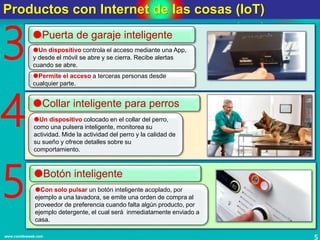 5www.coimbraweb.com
Productos con Internet de las cosas (IoT)
3 Puerta de garaje inteligente
Un dispositivo controla el acceso mediante una App,
y desde el móvil se abre y se cierra. Recibe alertas
cuando se abre.
4 Un dispositivo colocado en el collar del perro,
como una pulsera inteligente, monitorea su
actividad. Mide la actividad del perro y la calidad de
su sueño y ofrece detalles sobre su
comportamiento.
Collar inteligente para perros
5 Con solo pulsar un botón inteligente acoplado, por
ejemplo a una lavadora, se emite una orden de compra al
proveedor de preferencia cuando falta algún producto, por
ejemplo detergente, el cual será inmediatamente enviado a
casa.
Botón inteligente
Permite el acceso a terceras personas desde
cualquier parte.
 