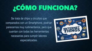 ¿CÓMO FUNCIONA?
Se trata de chips y circuitos que
comparados con un Smartphone, podrían
parecernos muy rudimentarios, pero que
cuentan con todas las herramientas
necesarias para cumplir labores
especializadas.
 