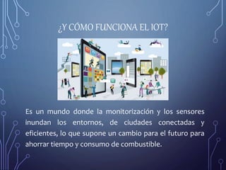 ¿Y CÓMO FUNCIONA EL IOT?
Es un mundo donde la monitorización y los sensores
inundan los entornos, de ciudades conectadas y
eficientes, lo que supone un cambio para el futuro para
ahorrar tiempo y consumo de combustible.
 