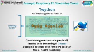 Esempio Raspberry PI: Streaming Tweet 
Twython 
Pure Python wrapper for the Twitter API 
Streming 
Twitter 
Quando vengono trovate le parole all’ 
interno dello Streaming di Twitter 
possiamo decidere cosa farne e/o cosa far 
fare al nostro Raspberry. 
Biagio (Gino) Zingales Alì Internet delle cose ed i Makers 
 