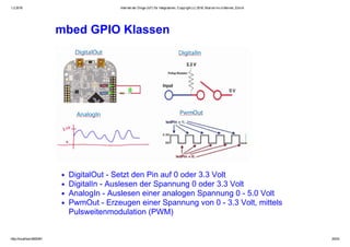 1.2.2016 Internet der Dinge (IoT) für Integratoren, Copyright (c) 2016, Marcel mc­b Bernet, Zürich
http://localhost:8000/#1 20/53
mbed GPIO Klassen
DigitalOut ­ Setzt den Pin auf 0 oder 3.3 Volt
DigitalIn ­ Auslesen der Spannung 0 oder 3.3 Volt
AnalogIn ­ Auslesen einer analogen Spannung 0 ­ 5.0 Volt
PwmOut ­ Erzeugen einer Spannung von 0 ­ 3.3 Volt, mittels
Pulsweitenmodulation (PWM)
 