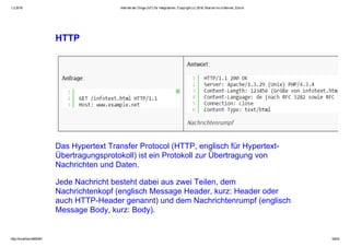 1.2.2016 Internet der Dinge (IoT) für Integratoren, Copyright (c) 2016, Marcel mc­b Bernet, Zürich
http://localhost:8000/#1 33/53
HTTP
Das Hypertext Transfer Protocol (HTTP, englisch für Hypertext­
Übertragungsprotokoll) ist ein Protokoll zur Übertragung von
Nachrichten und Daten.
Jede Nachricht besteht dabei aus zwei Teilen, dem
Nachrichtenkopf (englisch Message Header, kurz: Header oder
auch HTTP­Header genannt) und dem Nachrichtenrumpf (englisch
Message Body, kurz: Body).
 
