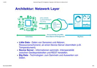 1.2.2016 Internet der Dinge (IoT) für Integratoren, Copyright (c) 2016, Marcel mc­b Bernet, Zürich
http://localhost:8000/#1 8/53
Architektur: Netzwerk Layer
Little Data ­ Daten von Sensoren und Aktoren,
Ressourcenschonend, an einen Device Server übermitteln (z.B.
Temperaturwert).
Device Server ­ Informationen sammeln. Interoperabilät
zwischen Geräteprotokollen und REST herstellen.
Big Data ­ Technologien: zum Sammeln und Auswerten von
Daten.
 