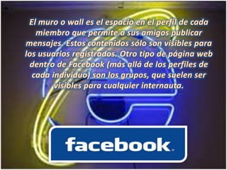 El muro o wall es el espacio en el perfil de cada miembro que permite a sus amigos publicar mensajes. Estos contenidos sólo son visibles para los usuarios registrados. Otro tipo de página web dentro de Facebook (más allá de los perfiles de cada individuo) son los grupos, que suelen ser visibles para cualquier internauta.