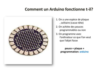 Comment un Arduino fonctionne t-il?

               1. On a une espèce de plaque
                   , solitaire (casse-tête)
               2. On achète des pouces
                   programmables ou non
               3. On programme avec
                   l’ordinateur ce que l’on veut
                   que l’objet fasse

                      pouce + plaque +
                   programmation: arduino
 