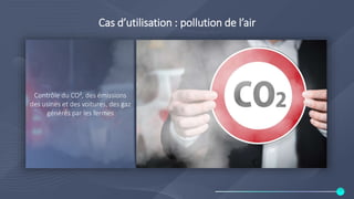 Cas d’utilisation : pollution de l’air
Contrôle du CO², des émissions
des usines et des voitures, des gaz
générés par les fermes
 