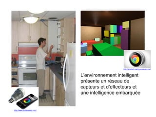 L’environnement intelligent présente un réseau de capteurs et d’effecteurs et une intelligence embarquée 
http://english.martinvarsavsky.net 
http://www.limitlessled.com/  