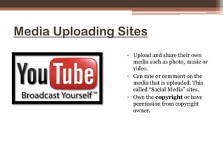 create their own content (e.g. videos on YouTube)Blogs & BloggingWhere someone can write about a topic and be a writer and publisher on the Web.It can be personal, based on an interest or anything you want to write.Can leave comments and begin discussions connected with the blog posts.Can share your opinions and views by publish it on the blog.The act of writing a blog.