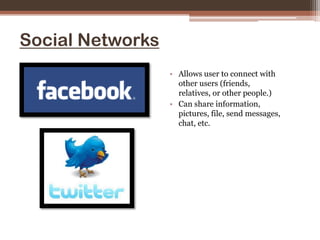 WikisAllows users to collaborate (work together) to create the content.Can edited by everyoneAutomatically create automatic links between pages.Used by: Encyclopaedia (e.g. Wkipedia0