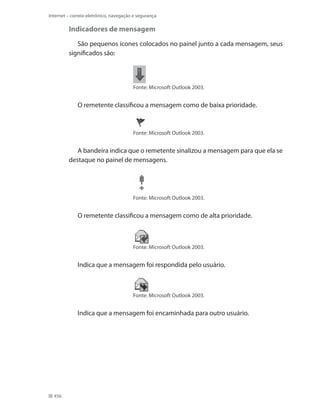 Internet – correio eletrônico, navegação e segurança

Indicadores de mensagem
São pequenos ícones colocados no painel junto a cada mensagem, seus
significados são:

Fonte: Microsoft Outlook 2003.

O remetente classificou a mensagem como de baixa prioridade.

Fonte: Microsoft Outlook 2003.

A bandeira indica que o remetente sinalizou a mensagem para que ela se
destaque no painel de mensagens.

Fonte: Microsoft Outlook 2003.

O remetente classificou a mensagem como de alta prioridade.

Fonte: Microsoft Outlook 2003.

Indica que a mensagem foi respondida pelo usuário.

Fonte: Microsoft Outlook 2003.

Indica que a mensagem foi encaminhada para outro usuário.

456

 