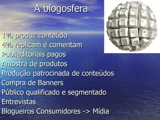 A blogosfera 1% produz conteúdo 4% replicam e comentam Publieditoriais pagos  Amostra de produtos Produção patrocinada de conteúdos Compra de Banners Público qualificado e segmentado Entrevistas Blogueiros Consumidores -> Mídia 
