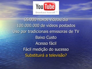 You Tube 65.000 novos vídeos/dia 100.000.000 de vídeos postados Uso por tradicionais emissoras de TV Baixo Custo Acesso fácil Fácil medição do sucesso Substituirá a televisão? 