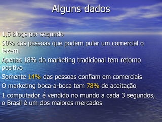 Alguns dados 1,5 blogs por segundo 90% das pessoas que podem pular um comercial o fazem. Apenas 18% do marketing tradicional tem retorno positivo Somente  14%  das pessoas confiam em comerciais O marketing boca-a-boca tem  78%  de aceitação 1 computador é vendido no mundo a cada 3 segundos, o Brasil é um dos maiores mercados 