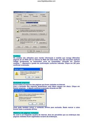 www.DigitalApostilas.com

Cookies:
Os cookies são utilizados para manter informação à medida que navega diferentes
páginas de um Web site ou retorna ao Web site mais tarde, mas não executam nenhum
código (programas) ou transmitem vírus ao computador. Clicando em “Excluir
cookies...”, aparecerá a janela de confirmação conforme indicada. Clique em OK para
confirmar a exclusão.

Excluindo arquivos:
Exclui todos os arquivos das páginas que foram visitadas na Internet.
Com a exclusão dos arquivos temporários você libera espaço em disco. Clique em
Excluir arquivos... e depois confirme a exclusão clicando em OK.

Você pode também incluir o conteúdo off-line para exclusão. Basta marcar a caixa
Excluir todo o conteúdo off-line.

Histórico de páginas visitadas:
Se você é um freqüente usuário de internet, deve ter percebido que os endereços das
páginas visitadas ficam registrados na barra de endereços.

 