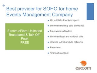 +

Best provider for SOHO for home
Events Management Company



Eircom eFibre Unlimited
Broadband & Talk OffPeak
FREE

Up to 70Mb download speed
Unlimited monthly data allowance



Free wireless Modem



Unlimited local and national calls



30 mins to Irish mobile networks



Free setup



12 month contract

 