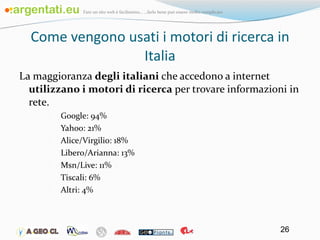 Come vengono usati i motori di ricerca in Italia La maggioranza  degli italiani  che accedono a internet  utilizzano i motori di ricerca  per trovare informazioni in rete. Google: 94% Yahoo: 21% Alice/Virgilio: 18% Libero/Arianna: 13% Msn/Live: 11% Tiscali: 6% Altri: 4% 