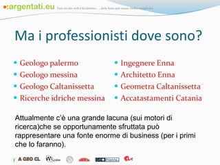 Ma i professionisti dove sono? Geologo palermo Geologo messina Geologo Caltanissetta Ricerche idriche messina Ingegnere Enna Architetto Enna Geometra Caltanissetta Accatastamenti Catania Attualmente c’è una grande lacuna (sui motori di ricerca)che se opportunamente sfruttata può rappresentare una fonte enorme di business (per i primi che lo faranno). 