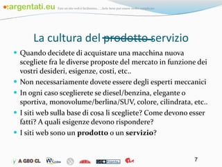 La cultura del prodotto servizio Quando decidete di acquistare una macchina nuova scegliete fra le diverse proposte del mercato in funzione dei vostri desideri, esigenze, costi, etc.. Non necessariamente dovete essere degli esperti meccanici In ogni caso sceglierete se diesel/benzina, elegante o sportiva, monovolume/berlina/SUV, colore, cilindrata, etc.. I siti web sulla base di cosa li scegliete? Come devono esser fatti? A quali esigenze devono rispondere? I siti web sono un  prodotto  o un  servizio ? 