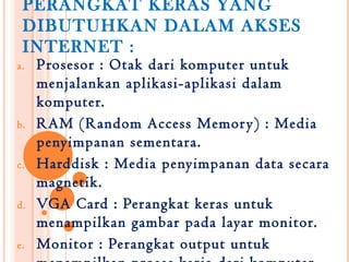 PERANGKAT KERAS YANG
 DIBUTUHKAN DALAM AKSES
 INTERNET :
a.   Prosesor : Otak dari komputer untuk
     menjalankan aplikasi-aplikasi dalam
     komputer.
b.   RAM (Random Access Memor y) : Media
     penyimpanan sementara.
c.   Harddisk : Media penyimpanan data secara
     magnetik.
d.   VGA Card : Perangkat keras untuk
     menampilkan gambar pada layar monitor.
e.   Monitor : Perangkat output untuk
 