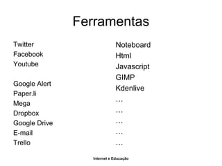 Internet e Educação
Ferramentas
Twitter
Facebook
Youtube
Google Alert
Paper.li
Mega
Dropbox
Google Drive
E-mail
Trello
Noteboard
Html
Javascript
GIMP
Kdenlive
…
…
…
…
…
 