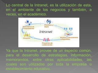 Lo central de la Intranet, es la utilización de esta,
en el ambiente de los negocios y también, a
veces, en el académico.




Ya que la Intranet, provee de un especio común,
para el desarrollo de estrategias, información,
memorandos, entre otras aplicabilidades, las
cuales son utilizadas por toda la empresa u
establecimiento educativo.
 