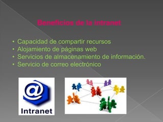 Beneficios de la intranet

•   Capacidad de compartir recursos
•   Alojamiento de páginas web
•   Servicios de almacenamiento de información.
•   Servicio de correo electrónico
 