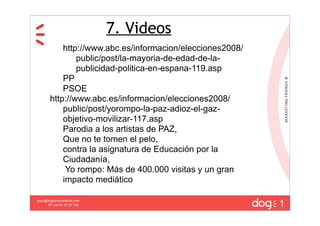 7. Videos
           http://www.abc.es/informacion/elecciones2008/
               public/post/la-mayoria-de-edad-de-la-
               publicidad-politica-en-espana-119.asp
           PP
           PSOE
       http://www.abc.es/informacion/elecciones2008/
           public/post/yorompo-la-paz-adioz-el-gaz-
           objetivo-movilizar-117.asp
           Parodia a los artistas de PAZ,
           Que no te tomen el pelo,
           contra la asignatura de Educación por la
           Ciudadanía,
            Yo rompo: Más de 400.000 visitas y un gran
           impacto mediático

                                                           1
guau@dogcomunicacion.com
     Tlf: +34 91 57 57 755
 