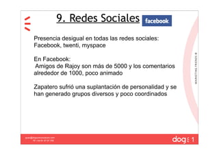 9. Redes Sociales
       Presencia desigual en todas las redes sociales:
       Facebook, twenti, myspace

       En Facebook:
       Amigos de Rajoy son más de 5000 y los comentarios
       alrededor de 1000, poco animado

       Zapatero sufrió una suplantación de personalidad y se
       han generado grupos diversos y poco coordinados




                                                               1
guau@dogcomunicacion.com
     Tlf: +34 91 57 57 755
 