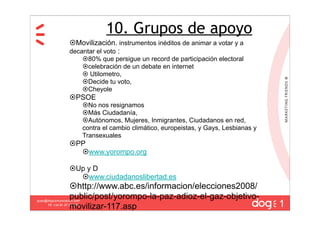 10. Grupos de apoyo
                   Movilización. instrumentos inéditos de animar a votar y a
                   decantar el voto :
                             80% que persigue un record de participación electoral
                             celebración de un debate en internet
                              Utilometro,
                             Decide tu voto,
                             Cheyole
                   PSOE
                             No nos resignamos
                             Más Ciudadanía,
                             Autónomos, Mujeres, Inmigrantes, Ciudadanos en red,
                             contra el cambio climático, europeistas, y Gays, Lesbianas y
                             Transexuales
                   PP
                     www.yorompo.org

                   Up y D
                     www.ciudadanoslibertad.es
                   http://www.abc.es/informacion/elecciones2008/
                   public/post/yorompo-la-paz-adioz-el-gaz-objetivo-
                                                                                            1
guau@dogcomunicacion.com

                   movilizar-117.asp
     Tlf: +34 91 57 57 755
 