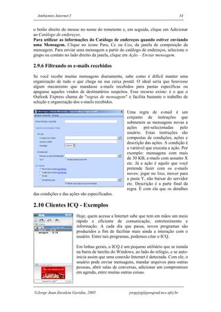 Ambientes Internet I                                                               34


o botão direito do mouse no nome do remetente e, em seguida, clique em Adicionar
ao Catálogo de endereços.
Para utilizar as informações do Catálogo de endereços quando estiver enviando
uma Mensagem. Clique no ícone Para, Cc ou Cco, da janela de composição da
mensagem. Para enviar uma mensagem a partir do catálogo de endereços, selecione o
grupo ou contato no lado direito da janela, clique em Ação – Enviar mensagem.

2.9.6 Filtrando os e-mails recebidos
Se você recebe muitas mensagens diariamente, sabe como é difícil manter uma
organização de tudo o que chega na sua caixa postal. O ideal seria que houvesse
algum mecanismo que mandasse e-mails recebidos para pastas específicas ou
apagasse aqueles vindos de destinatários suspeitos. Esse recurso existe: é o que o
Outlook Express chama de "regras de mensagens" e facilita bastante o trabalho de
seleção e organização dos e-mails recebidos.

                                                     Uma regra de e-mail é um
                                                     conjunto de instruções que
                                                     submetem as mensagens novas a
                                                     ações     pré-selecionadas    pelo
                                                     usuário. Estas instruções são
                                                     compostas de condições, ações e
                                                     descrição das ações. A condição é
                                                     a variável que executa a ação. Por
                                                     exemplo: mensagens com mais
                                                     de 30 KB, e-mails com assunto X
                                                     etc. Já a ação é aquilo que você
                                                     pretende fazer com os e-mails
                                                     novos: jogar no lixo, mover para
                                                     a pasta Y, não baixar do servidor
                                                     etc. Descrição é a parte final da
                                                     regra. É com ela que os detalhes
das condições e das ações são especificados.

2.10 Clientes ICQ - Exemplos
                         Hoje, quem acessa a Internet sabe que tem em mãos um meio
                         rápido e eficiente de comunicação, entretenimento e
                         informação. A cada dia que passa, novos programas são
                         produzidos a fim de facilitar mais ainda a interação com o
                         usuário. Entre tais programas, podemos citar o ICQ.

                         Em linhas gerais, o ICQ é um pequeno utilitário que se instala
                         na barra de tarefas do Windows, ao lado do relógio, e se auto-
                         inicia assim que uma conexão Internet é detectada. Com ele, o
                         usuário pode enviar mensagens, mandar arquivos para outras
                         pessoas, abrir salas de conversas, adicionar um compromisso
                         em agenda, entre muitas outras coisas.



Jorge Juan Zavaleta Gavidia, 2005                    jorgejzg@posgrad.nce.ufrj.br
 