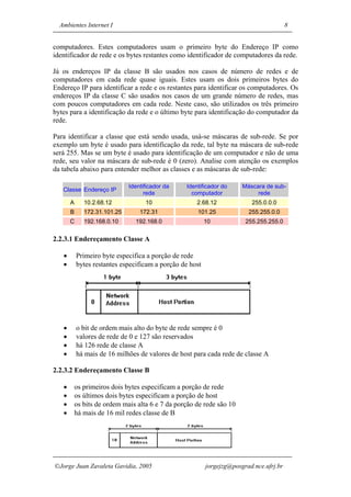 Ambientes Internet I                                                                   8


computadores. Estes computadores usam o primeiro byte do Endereço IP como
identificador de rede e os bytes restantes como identificador de computadores da rede.

Já os endereços IP da classe B são usados nos casos de número de redes e de
computadores em cada rede quase iguais. Estes usam os dois primeiros bytes do
Endereço IP para identificar a rede e os restantes para identificar os computadores. Os
endereços IP da classe C são usados nos casos de um grande número de redes, mas
com poucos computadores em cada rede. Neste caso, são utilizados os três primeiro
bytes para a identificação da rede e o último byte para identificação do computador da
rede.

Para identificar a classe que está sendo usada, usá-se máscaras de sub-rede. Se por
exemplo um byte é usado para identificação da rede, tal byte na máscara de sub-rede
será 255. Mas se um byte é usado para identificação de um computador e não de uma
rede, seu valor na máscara de sub-rede é 0 (zero). Analise com atenção os exemplos
da tabela abaixo para entender melhor as classes e as máscaras de sub-rede:

                              Identificador da    Identificador do     Máscara de sub-
   Classe Endereço IP
                                    rede            computador              rede
       A      10.2.68.12            10                2.68.12             255.0.0.0
       B      172.31.101.25       172.31              101.25             255.255.0.0
       C      192.168.0.10      192.168.0                 10            255.255.255.0


2.2.3.1 Endereçamento Classe A

   •       Primeiro byte especifica a porção de rede
   •       bytes restantes especificam a porção de host




   •       o bit de ordem mais alto do byte de rede sempre é 0
   •       valores de rede de 0 e 127 são reservados
   •       há 126 rede de classe A
   •       há mais de 16 milhões de valores de host para cada rede de classe A

2.2.3.2 Endereçamento Classe B

   •       os primeiros dois bytes especificam a porção de rede
   •       os últimos dois bytes especificam a porção de host
   •       os bits de ordem mais alta 6 e 7 da porção de rede são 10
   •       há mais de 16 mil redes classe de B




Jorge Juan Zavaleta Gavidia, 2005                        jorgejzg@posgrad.nce.ufrj.br
 