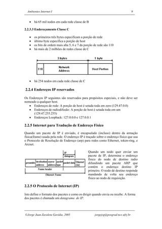 Ambientes Internet I                                                              9


   •   há 65 mil nodos em cada rede classe de B

2.2.3.3 Endereçamento Classe C

   •   os primeiros três bytes especificam a porção de rede
   •   último byte especifica a porção de host
   •   os bits de ordem mais alta 5, 6 e 7 da porção de rede são 110
   •   há mais de 2 milhões de redes classe de C




   •   há 254 nodos em cada rede classe de C

2.2.4 Endereços IP reservados

Os Endereços IP seguintes são reservados para propósitos especiais, e não deve ser
nomeado a qualquer host.
   • Endereços de rede: A porção de host é setada toda em zero (129.47.0.0)
   • Endereços de radiodifusão: A porção de host é setada toda em um
      (129.47.255.255)
   • Endereços Loopback: 127.0.0.0 e 127.0.0.1

2.2.5 Internet para Tradução de Endereço Físico
Quando um pacote de IP é enviado, é encapsulado (incluso) dentro da armação
física(frame) usada pela rede. O endereço IP é traçado sobre o endereço físico que usa
o Protocolo de Resolução de Endereço (arp) para redes como Ethernet, token-ring, e
Arcnet.

                                                Quando um nodo quer enviar um
                                                pacote de IP, determina o endereço
                                                físico do nodo de destino radio
                                                difundindo um pacote ARP que
                                                contém o endereço destino IP
                                                primeiro. O nodo de destino responde
                                                mandando de volta seu endereço
                                                físico ao nodo de requisição.

2.2.5 O Protocolo de Internet (IP)

Isto define o formato dos pacotes e como os dirigir quando envia ou recebe. A forma
dos pacotes é chamada um datagrama de IP.




Jorge Juan Zavaleta Gavidia, 2005                   jorgejzg@posgrad.nce.ufrj.br
 