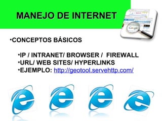 MANEJO DE INTERNET

•CONCEPTOS BÁSICOS

  •IP / INTRANET/ BROWSER / FIREWALL
  •URL/ WEB SITES/ HYPERLINKS
  •EJEMPLO: http://geotool.servehttp.com/
 