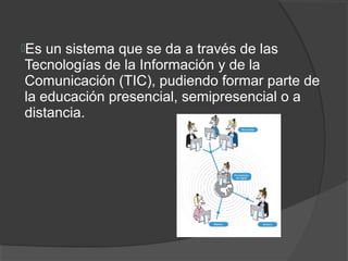 Es un sistema que se da a través de las
Tecnologías de la Información y de la
Comunicación (TIC), pudiendo formar parte de
la educación presencial, semipresencial o a
distancia.
 