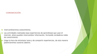  intercambiaremos conocimiento.
 Las actividades realizadas bajo experiencias de aprendizaje que usan el
internet, ahora pueden intercambiar información, formando verdaderas redes
de conocimiento.
 Llego la hora de entrelazar lazos y de compartir experiencias, de esta manera
potenciaremos nuestros saberes.
COMUNICACIÓN
 
