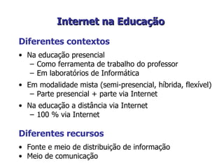 Internet na Educação   Diferentes contextos Na educação presencial  Como ferramenta de trabalho do professor Em laboratórios de Informática Em modalidade mista (semi-presencial, híbrida, flexível) Parte presencial + parte via Internet  Na educação a distância via Internet 100 % via Internet Diferentes recursos  Fonte e meio de distribuição de informação Meio de comunicação 