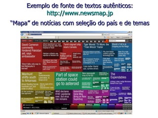 Exemplo de fonte de textos autênticos: http://www.newsmap.jp   “Mapa” de notícias com seleção do país e de temas   