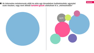 Az internetes mémkorszak előtt és után egy társadalom tudáskészlete: egymást
csak részben, vagy nem átfedő tartalmi gócok alakulnak ki a „mémsztrádán”
GOT.
 