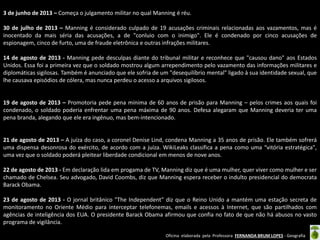 3 de junho de 2013 – Começa o julgamento militar no qual Manning é réu.
30 de julho de 2013 – Manning é considerado culpado de 19 acusações criminais relacionadas aos vazamentos, mas é
inocentado da mais séria das acusações, a de "conluio com o inimigo". Ele é condenado por cinco acusações de
espionagem, cinco de furto, uma de fraude eletrônica e outras infrações militares.
14 de agosto de 2013 - Manning pede desculpas diante do tribunal militar e reconhece que "causou dano" aos Estados
Unidos. Essa foi a primeira vez que o soldado mostrou algum arrependimento pelo vazamento das informações militares e
diplomáticas sigilosas. Também é anunciado que ele sofria de um "desequilíbrio mental" ligado à sua identidade sexual, que
lhe causava episódios de cólera, mas nunca perdeu o acesso a arquivos sigilosos.

19 de agosto de 2013 – Promotoria pede pena mínima de 60 anos de prisão para Manning – pelos crimes aos quais foi
condenado, o soldado poderia enfrentar uma pena máxima de 90 anos. Defesa alegaram que Manning deveria ter uma
pena branda, alegando que ele era ingênuo, mas bem-intencionado.

21 de agosto de 2013 – A juíza do caso, a coronel Denise Lind, condena Manning a 35 anos de prisão. Ele também sofrerá
uma dispensa desonrosa do exército, de acordo com a juíza. WikiLeaks classifica a pena como uma “vitória estratégica",
uma vez que o soldado poderá pleitear liberdade condicional em menos de nove anos.
22 de agosto de 2013 - Em declaração lida em progama de TV, Manning diz que é uma mulher, quer viver como mulher e ser
chamado de Chelsea. Seu advogado, David Coombs, diz que Manning espera receber o indulto presidencial do democrata
Barack Obama.
23 de agosto de 2013 - O jornal britânico "The Independent" diz que o Reino Unido a mantém uma estação secreta de
monitoramento no Oriente Médio para interceptar telefonemas, emails e acessos à Internet, que são partilhados com
agências de inteligência dos EUA. O presidente Barack Obama afirmou que confia no fato de que não há abusos no vasto
programa de vigilância.
Oficina elaborada pela Professora FERNANDA BRUM LOPES - Geografia

 