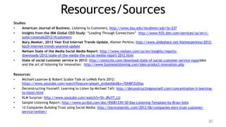 Resources/Sources
Studies:
•    American Journal of Business, Listening to Customers, http://www.bsu.edu/mcobwin/ajb/?p=237
•    Insights from the IBM Global CEO Study: “Leading Through Connections” http://www-935.ibm.com/services/us/en/c-
     suite/ceostudy2012/#customers
•    Mary Meeker, 2012 Year End Internet Trends Update, Kleiner Perkins: http://www.slideshare.net/kleinerperkins/2012-
     kpcb-internet-trends-yearend-update
•    Neilsen State of the Media Social Media Report: http://www.nielsen.com/us/en/insights/reports-
     downloads/2012/state-of-the-media-the-social-media-report-2012.html
•    State of social customer service in 2012: http://nmincite.com/download-state-of-social-customer-service-reporIdeo
     and the art of listening for innovation: http://www.businesslistening.com/ideo-product-innovation.php

Resources:
•   Michael Lazerow & Robert Scoble Talk at LeWeb Paris 2012:
    https://www.youtube.com/watch?feature=player_embedded&v=7DHBFZUSfas
•   Deconstructing Yourself: Learning to Listen by Michael Taft: http://deconstructingyourself.com/concentration-ii-learning-
    to-listen.html
•   KLM Surprise: http://www.youtube.com/watch?v=Sh-JRoY7_LU
•   Sample Listening Report: http://www.scribd.com/doc/95081339/30-Day-Listening-Template-by-Brian-Solis
•   12 Companies Building Trust using Social Media: http://barnraisersllc.com/2012/06/companies-earn-trust-customer-
    service-twitter/

                                                                                                                          20
 
