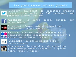 Les grans xarxes socials globals 
Twitter: enviament de missatges gratuïts 
(tuits) d’un màxim de 140 caràcters amb 
persones d’arreu del món 
Facebook: la xarxa social mundial per 
excel·lència. 
Youtube: l’espai web més global per 
compartir i pujar vídeos. 
Flickr: lloc web on els membres de la 
comunitat poden emmagatzemar, compartir i 
opinar sobre fotos i vídeos. 
LinkedIn: la xarxa social dels 
professionals 
Instagram: la comunitat més actual on 
poden emmagatzemar, compartir i opinar 
sobre fotos i vídeos. 
 
