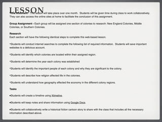 LESSON
Time Allotment - This lesson will take place over one month. Students will be given time during class to work collaboratively.
They can also access the online sites at home to facilitate the conclusion of this assignment.

Group Assignment - Each group will be assigned one section of colonies to research: New England Colonies, Middle
Colonies, or Southern Colonies.

Research
Each section will have the following identical steps to complete this web-based lesson.

•Students will conduct internet searches to complete the following list of required information. Students will save important
websites to a delicious account.

•Students will identify which colonies are located within their assigned region.

•Students will determine the year each colony was established

•Students will identify the important people of each colony and why they are significant to the colony.

•Students will describe how religion affected life in the colonies.

•Students will understand how geography effected the economy in the different colony regions.

Tasks

•Students will create a timeline using Xtimeline.

•Students will keep notes and share information using Google Docs.

•Students will collaboratively write a historical fiction cartoon story to share with the class that includes all the necessary
information described above.
 