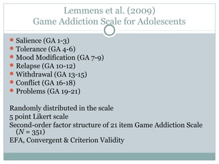 Lemmens et al. (2009) 
Game Addiction Scale for Adolescents 
Salience (GA 1-3) 
Tolerance (GA 4-6) 
Mood Modification (GA 7-9) 
Relapse (GA 10-12) 
Withdrawal (GA 13-15) 
Conflict (GA 16-18) 
Problems (GA 19-21) 
Randomly distributed in the scale 
5 point Likert scale 
Second-order factor structure of 21 item Game Addiction Scale 
(N = 351) 
EFA, Convergent & Criterion Validity 
 