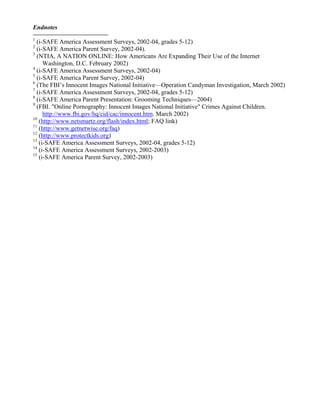 Endnotes
1
  (i-SAFE America Assessment Surveys, 2002-04, grades 5-12)
2
  (i-SAFE America Parent Survey, 2002-04).
3
  (NTIA, A NATION ONLINE: How Americans Are Expanding Their Use of the Internet
     Washington, D.C. February 2002)
4
  (i-SAFE America Assessment Surveys, 2002-04)
5
  (i-SAFE America Parent Survey, 2002-04)
6
  (The FBI’s Innocent Images National Initiative—Operation Candyman Investigation, March 2002)
7
  (i-SAFE America Assessment Surveys, 2002-04, grades 5-12)
8
  (i-SAFE America Parent Presentation: Grooming Techniques—2004)
9
  (FBI. "Online Pornography: Innocent Images National Initiative" Crimes Against Children.
     http://www.fbi.gov/hq/cid/cac/innocent.htm. March 2002)
10
   (http://www.netsmartz.org/flash/index.html; FAQ link)
11
   (http://www.getnetwise.org/faq)
12
   (http://www.protectkids.org)
13
   (i-SAFE America Assessment Surveys, 2002-04, grades 5-12)
14
   (i-SAFE America Assessment Surveys, 2002-2003)
15
   (i-SAFE America Parent Survey, 2002-2003)
 